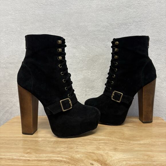 Steve Madden Carnaby Black Suede Lace-Up Platform Boots | Chunky Wooden Heel 6.5 - Picture 1 of 13